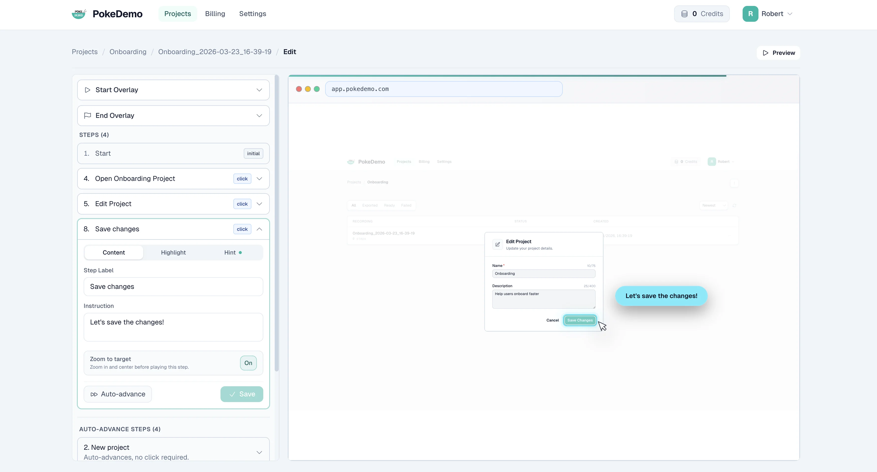 PokeDemo editor showing step timeline with editing controls for tooltips, zoom, and flow customization